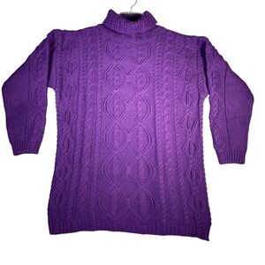 Vintage Classic Elements Purple Cable Knit Turtleneck Sweater Dress Women's Sz L